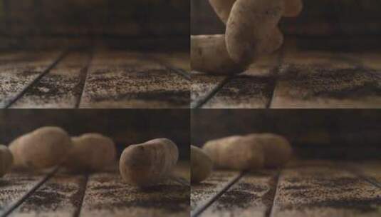 土豆掉落在木板上的特写高清在线视频素材下载