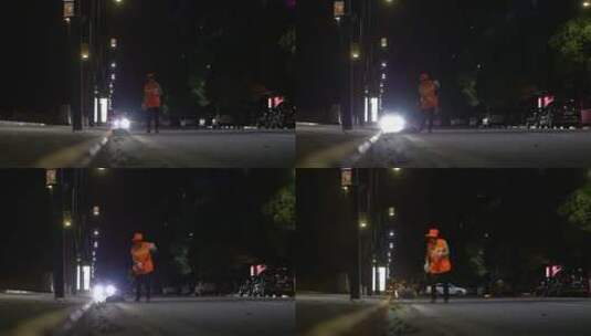 凌晨城市环卫工人清洁街道高清在线视频素材下载