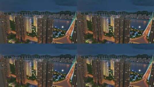 沿江城市高架桥夜景航拍三维高清在线视频素材下载