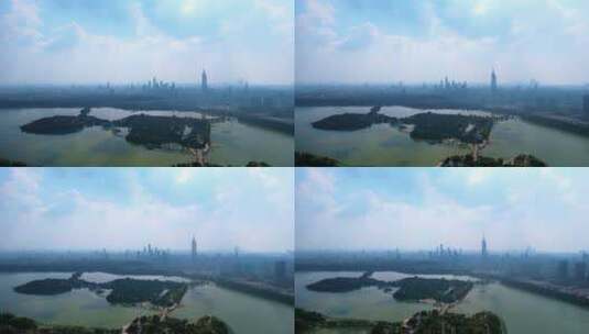 中国南京玄武湖和城市天际线风光航拍高清在线视频素材下载