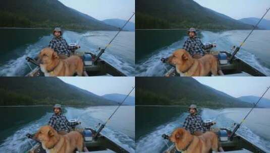 渔民和他的狗在船上旅行4k高清在线视频素材下载
