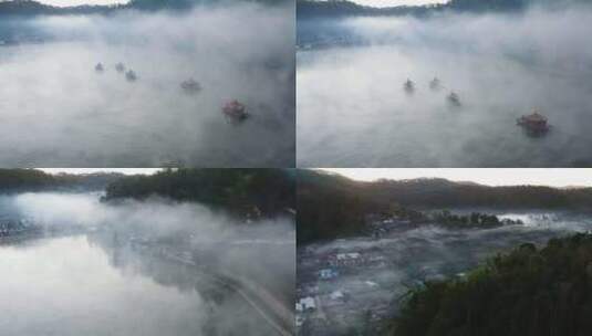 雾气弥漫的湖边小镇高清在线视频素材下载