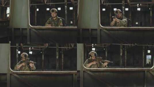 美国士兵透过公共汽车窗户瞄准高清在线视频素材下载