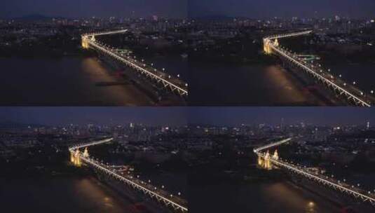 南京长江大桥傍晚夜景航拍高清在线视频素材下载