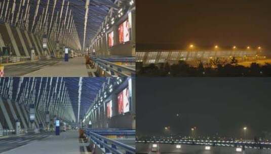 4K上海夜间浦东机场航站楼接送客飞机降落高清在线视频素材下载