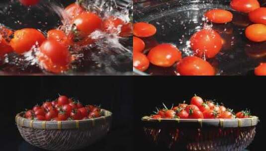 圣女果 番茄  黑色背景 特写慢动作高清在线视频素材下载