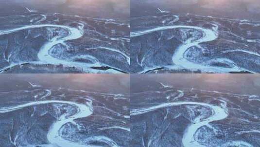 大兴安岭冬日清晨林海雪原河湾高清在线视频素材下载