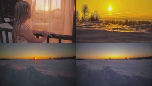 冬季雪后的日出女孩看窗外日出高清在线视频素材下载