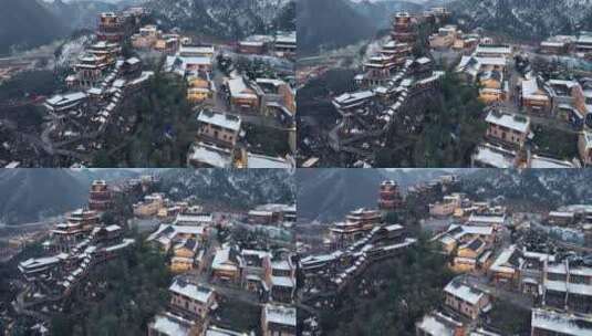江西上饶望仙谷景区建筑雪景灯光航拍高清在线视频素材下载
