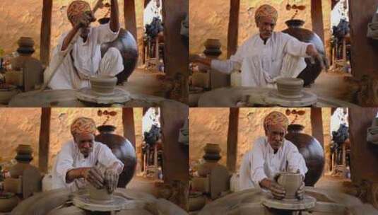 印度陶艺工作坊中的印度波特投掷陶器轮和塑高清在线视频素材下载