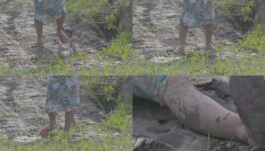 在泥泞中行走摔倒的孤独农村妇女摔倒在地上高清在线视频素材下载