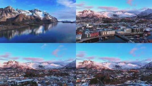 4K航拍挪威亨宁斯维尔雪景风光高清在线视频素材下载
