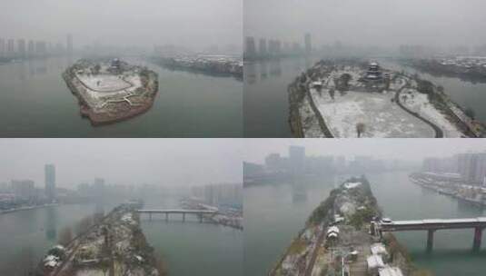 航拍衡阳市冬季雪景东洲岛雪景高清在线视频素材下载