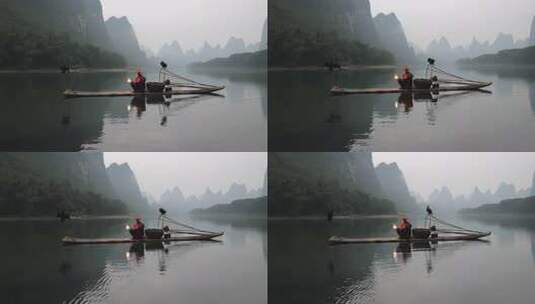 渔夫撑竹筏在漓江上打灯捕鱼的景象高清在线视频素材下载