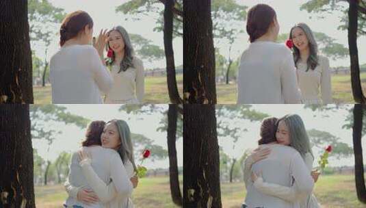 两位年轻的亚洲恋人用玫瑰带来由衷的惊喜。高清在线视频素材下载