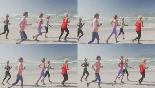 老年妇女在沙滩上奔跑高清在线视频素材下载