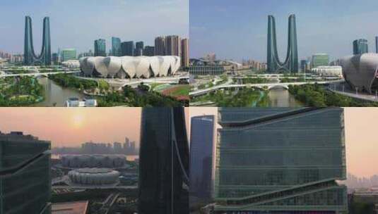 航拍杭州奥体中心亚运场馆高清在线视频素材下载
