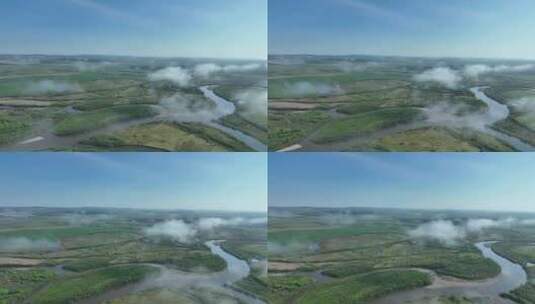 航拍原野湿地河流晨雾薄雾高清在线视频素材下载