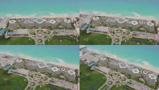 无人机盘旋，展示豪华度假胜地帕拉迪斯坎昆的建筑设计与exqu高清在线视频素材下载