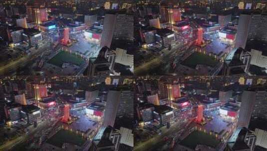 中国河南郑州二七广场 二七塔 夜景航拍高清在线视频素材下载