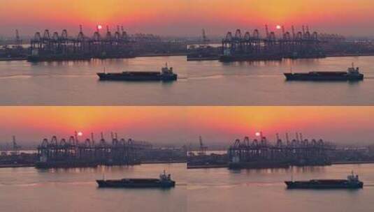 航拍天津港海上货运集装箱船高清在线视频素材下载