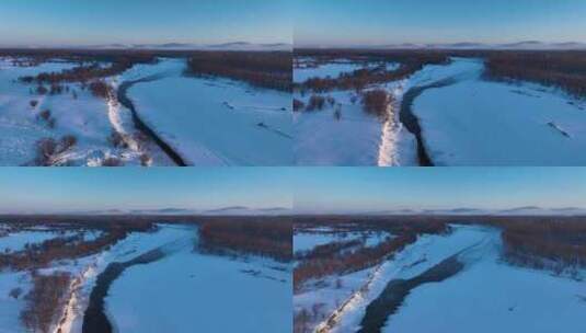 内蒙古自然风光寒冬湿地冰河丛林雪景高清在线视频素材下载