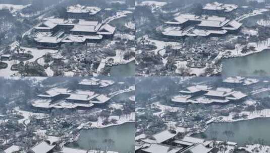 航拍瘦西湖景区园林大明寺观音山宋夹城雪景高清在线视频素材下载