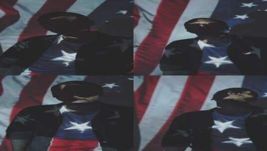 男子站在美国国旗的投影前 竖屏高清在线视频素材下载
