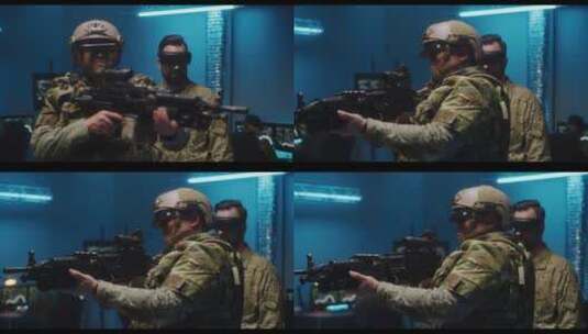 戴虚拟眼镜持枪训练的士兵高清在线视频素材下载