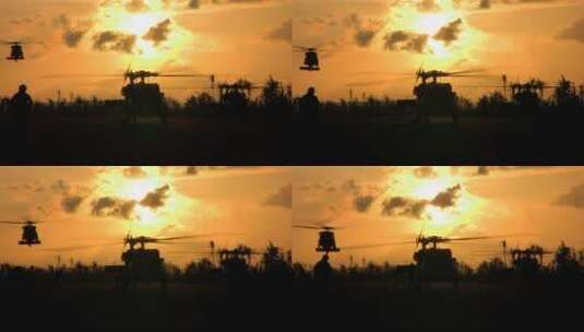 夕阳下的直升机高清在线视频素材下载