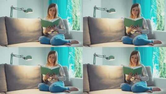 年轻女人坐在沙发上看书高清在线视频素材下载