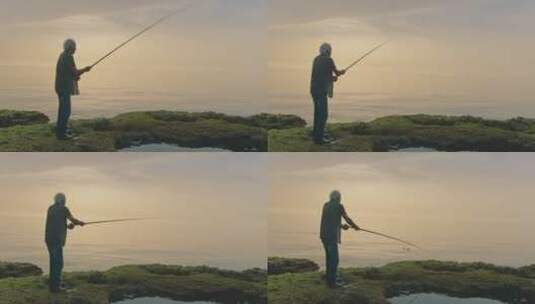 海边钓鱼的老人高清在线视频素材下载