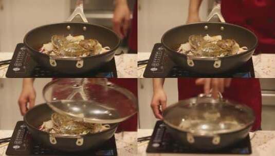 年糕蟹肉蟹煲韩式海鲜年糕锅制作高清在线视频素材下载