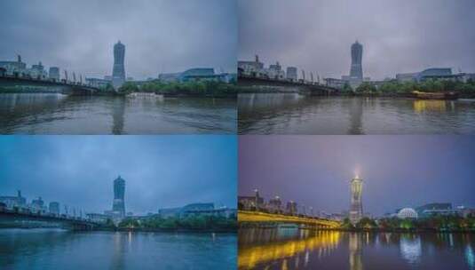 8k延时杭州大运河武林广场建筑日转夜高清在线视频素材下载