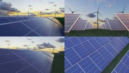 夕阳下光伏太阳能风能发电站新能源3D动画高清在线视频素材下载