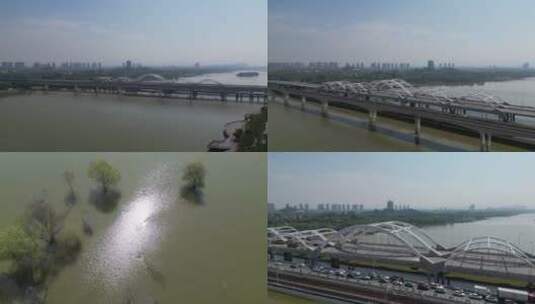 西安浐灞广运大桥灞河生态区地铁航拍高清在线视频素材下载