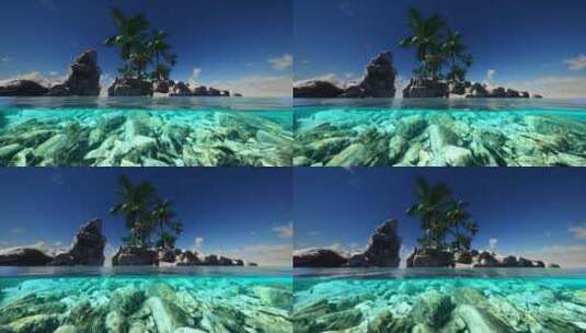 岛上海水和棕榈树的分割视图横截面高清在线视频素材下载