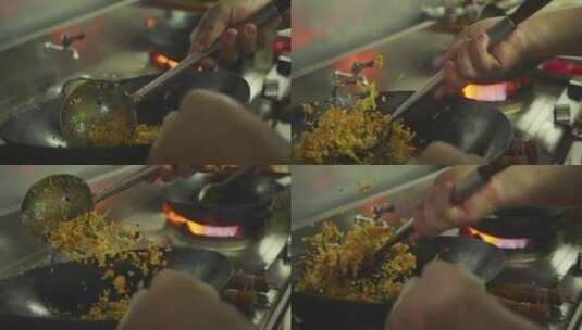 慢镜头升格拍摄城市美食炒花饭烹饪过程高清在线视频素材下载
