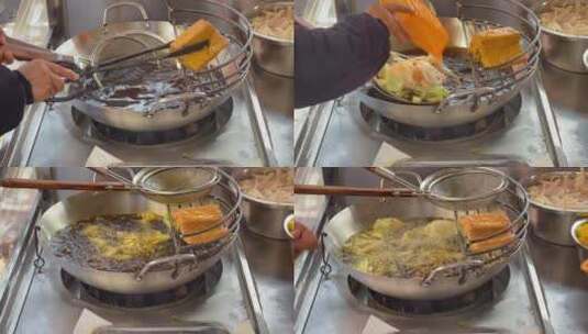 小吃油炸洋芋花油豆腐高清在线视频素材下载