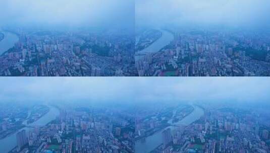 广州珠江岸城市高楼建筑与天空云雾航拍高清在线视频素材下载
