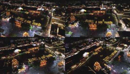 中国江苏南京秦淮河上穿梭的游船夜景航拍高清在线视频素材下载