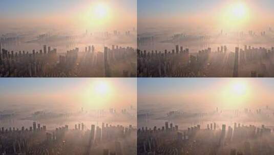 长沙城市日出天际线朝霞薄雾高清在线视频素材下载