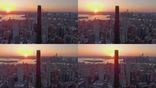 城市航拍布鲁克林塔日出纽约曼哈顿摩天大楼高清在线视频素材下载