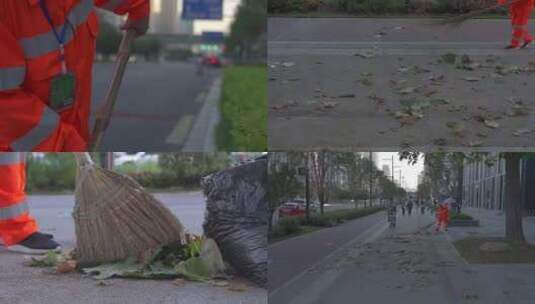 4K-城市清洁工扫马路高清在线视频素材下载