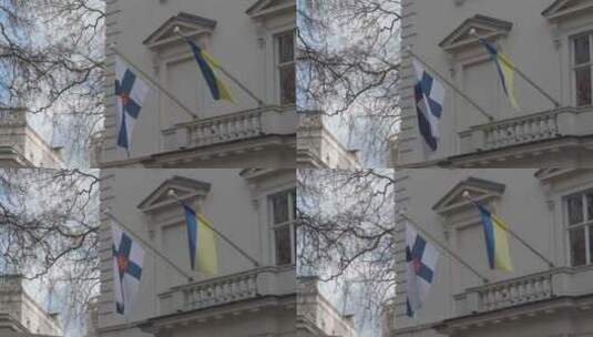 芬兰和乌克兰国旗，贝尔格莱维亚，伦敦，英高清在线视频素材下载