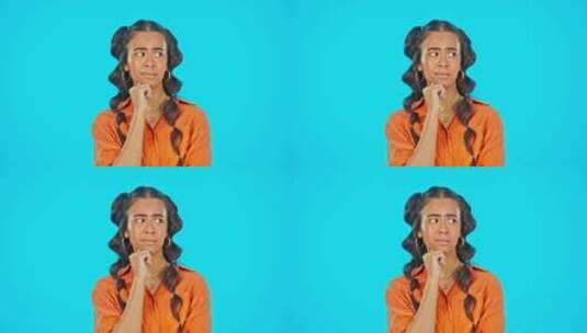 蓝色背景下的女性思考、困惑和面孔，用于广高清在线视频素材下载
