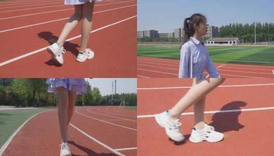 女孩在操场行走的背影 脚部特写高清在线视频素材下载