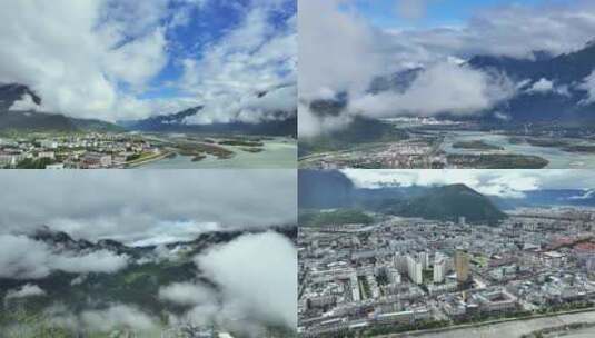 西藏建筑群寺庙318国道自然风景航拍云海高清在线视频素材下载