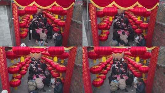 红灯笼下众人聚餐场景高清在线视频素材下载