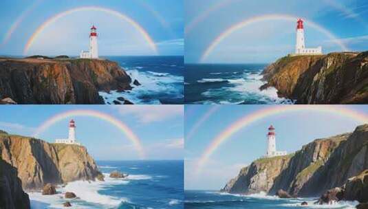 海边悬崖灯塔与彩虹景观高清在线视频素材下载